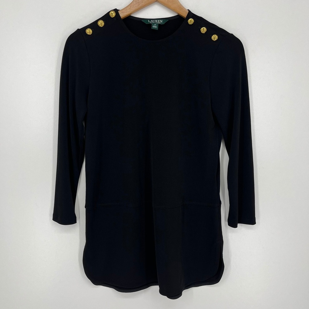 Lauren Ralph Lauren Womens Black Gold Button Shoulder Tunic Top XS